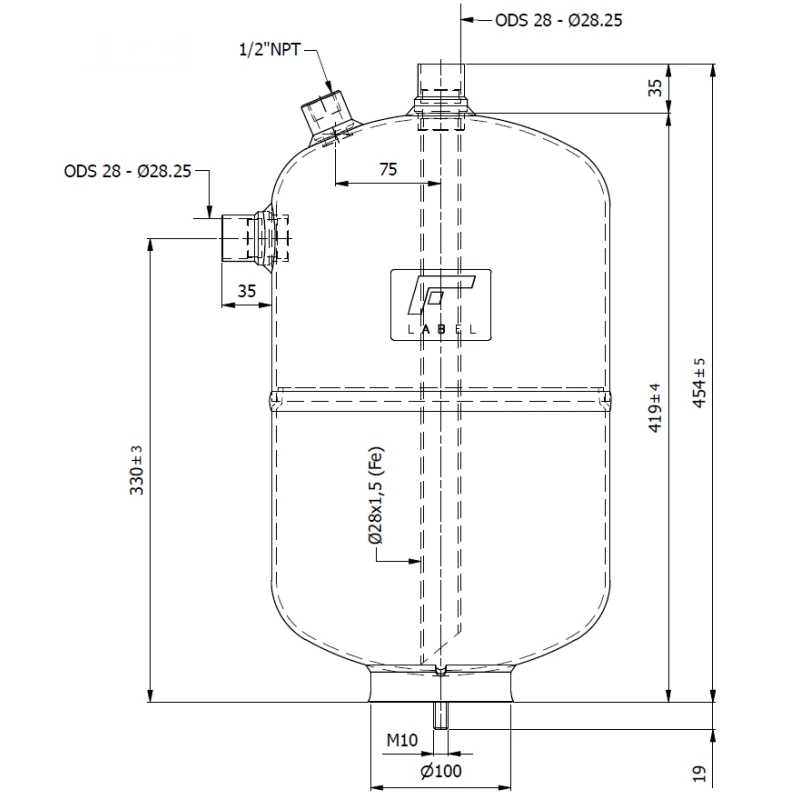Folyadéktartály 15L RV-240x419 - 45 bar A2L (28mm forrasszos)