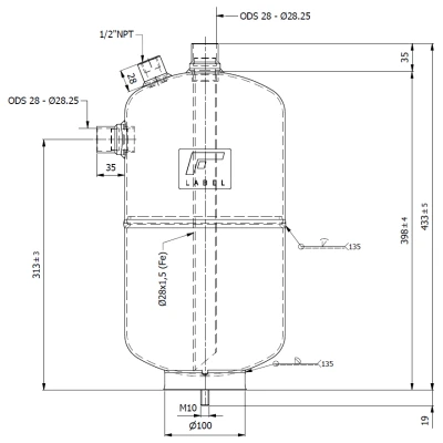 Folyadéktartály 10L RV-200x398 - 45 bar A2L (28mm forrasszos)